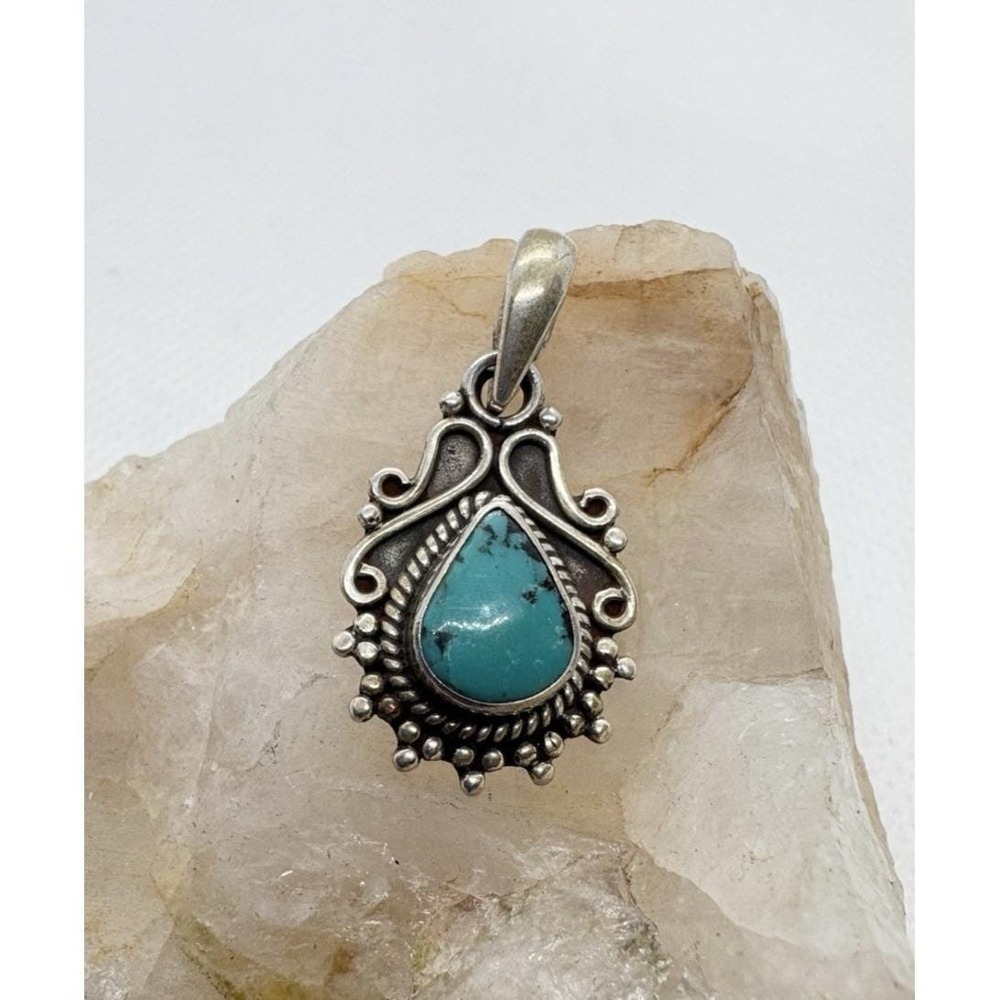 Vintage Sterling‎ Silver 925 Turquoise Pendant Southwestern Teardrop Setting 3g
